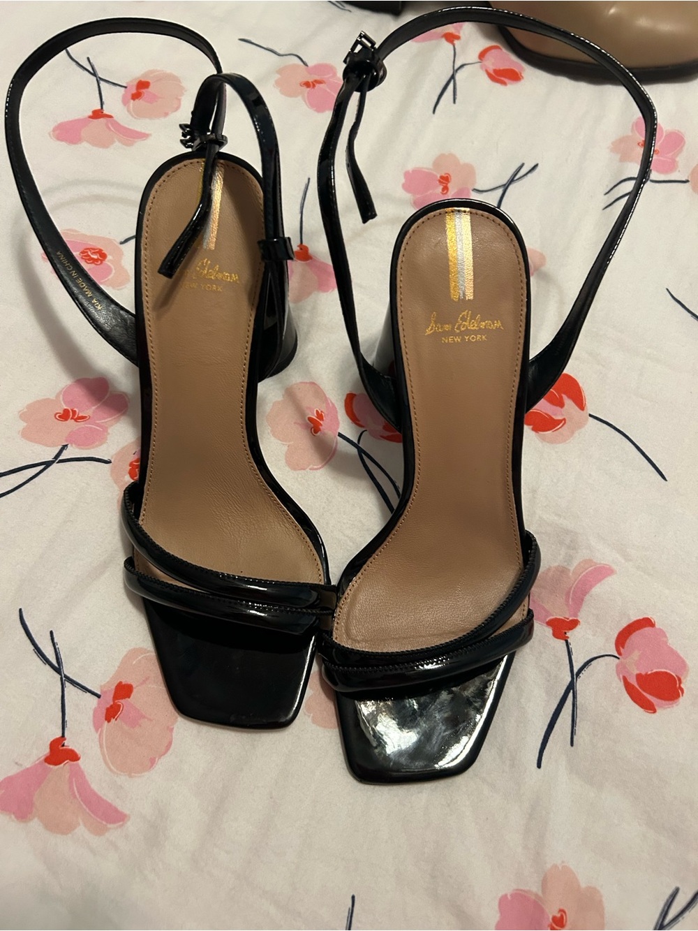 Sam Edelman Black Patent Square-Toe Ankle-Strap Sandals